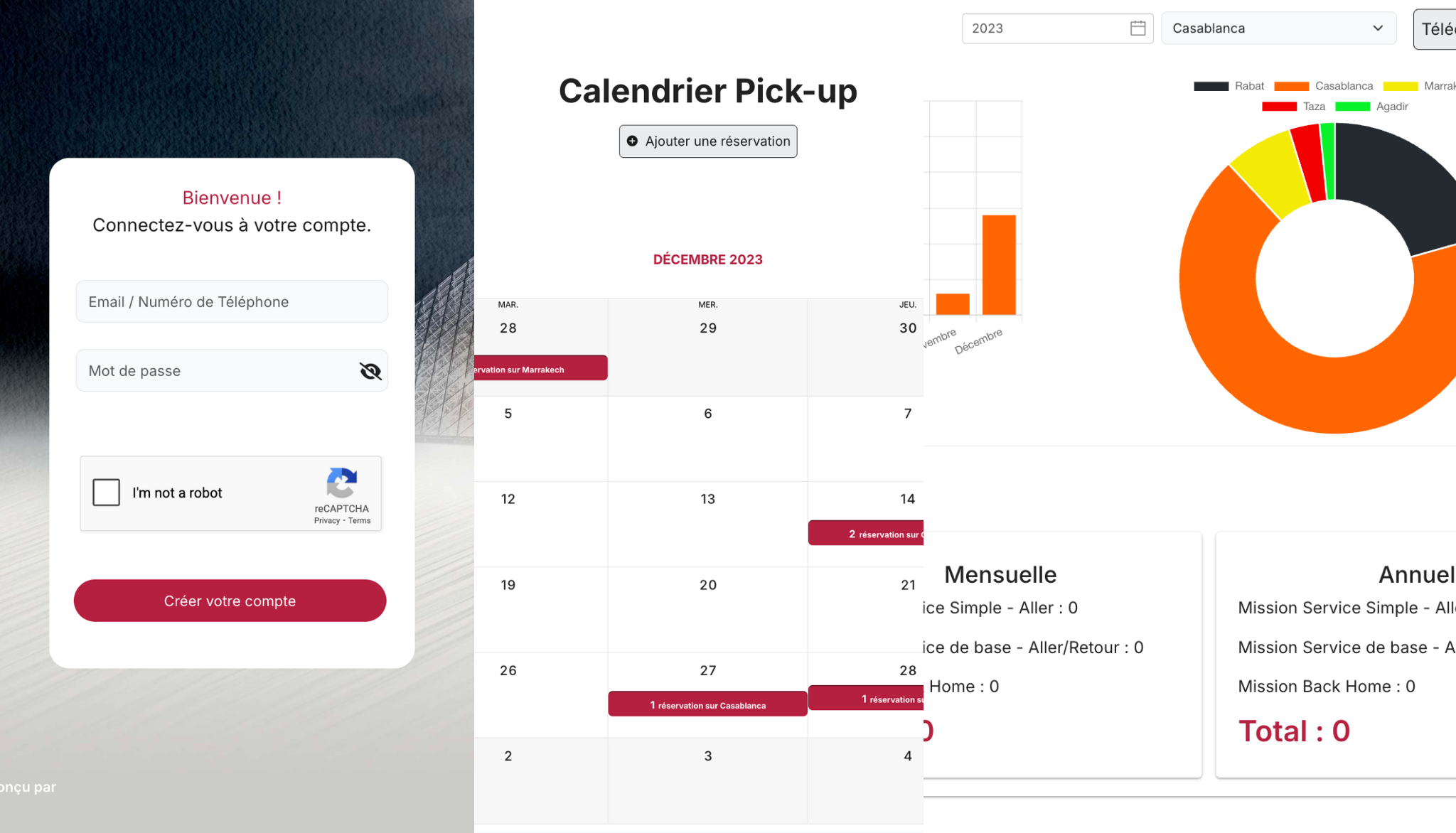 Dashboard du système de réservation pickup avec vue calendrier